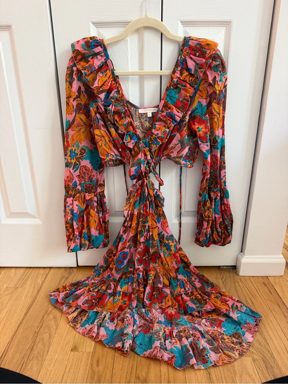 Love the Label Tie-Front Mini Dress with Cutout Waist in Pink Multi Floral